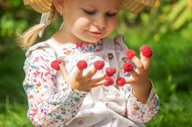 Bahçedeki küçük bir kız ahududu yiyor.