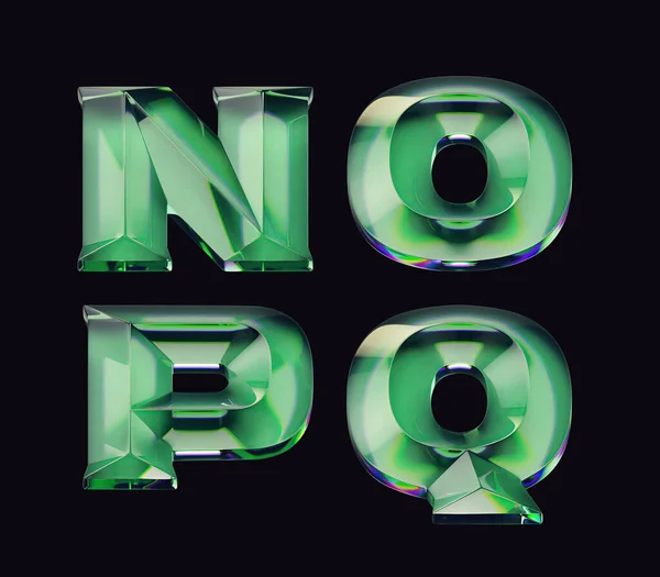 光沢のある緑色のガラス製の文字がセットされたフォントの3Dレンダリング — ストック写真