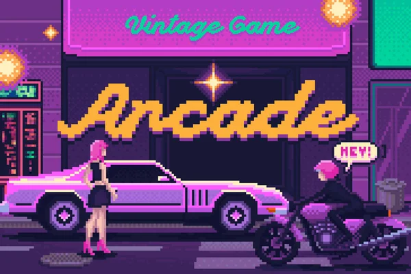 Vintage Poster Made Style Old School Pixel Arcade Game Screenshot — Stock Vector