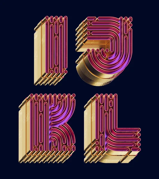 3d rendered font set made in vintage music box style with brass metallic surface maze shape