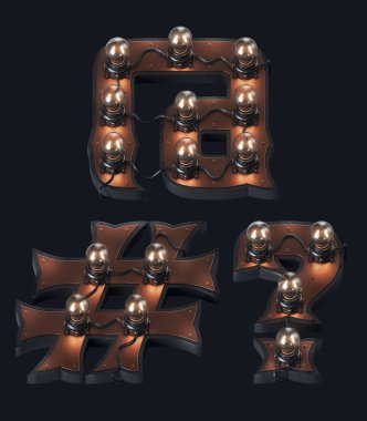 3 boyutlu harf seti buharlı punk tarzında, klasik ampullü.