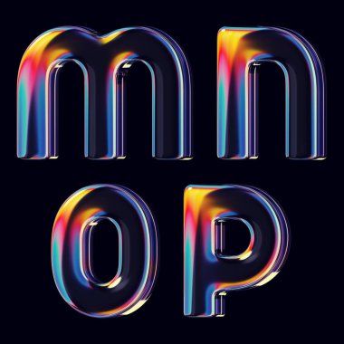 Pürüzsüz harfler ve gökkuşağı yansımaları ile hazırlanmış 3D renkli yazı tipi seti