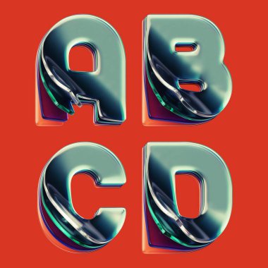 Parlak cam katmanlardan yapılmış harflerle hazırlanmış 3D yazı tipi seti