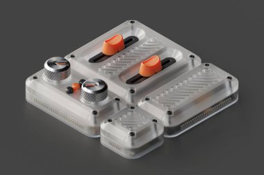 Donmuş şeffaf plastik malzemeden yapılmış 3 boyutlu izometrik kontrol paneli, düğmeleri, düğmeleri, düğmeleri ve düğmeleri var..