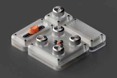 Donmuş şeffaf plastik malzemeden yapılmış 3 boyutlu izometrik kontrol paneli, düğmeleri, düğmeleri, düğmeleri ve düğmeleri var..