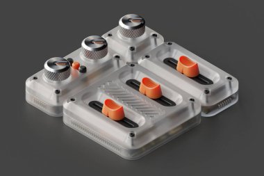 Donmuş şeffaf plastik malzemeden yapılmış 3 boyutlu izometrik kontrol paneli, düğmeleri, düğmeleri, düğmeleri ve düğmeleri var..