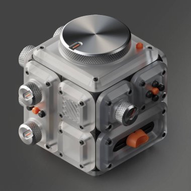 Donmuş şeffaf plastik malzemeden yapılmış 3 boyutlu izometrik küp şekilli düğmeler, düğmeler, düğmeler ve düğmeler..