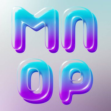 Pürüzsüz eğimli şeffaf camdan yapılmış 3d oluşturulmuş harfler kümesi