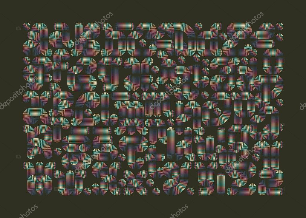 Retro Font Set with Vector Letters made of many Rounded Lines and vintage gradient fill