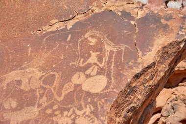 Twyfelfontein, Namibya - 07: 16 2013: Kaya oymaları Kuzey Namibya 'da Unesco Dünya Mirasları Alanıdır.