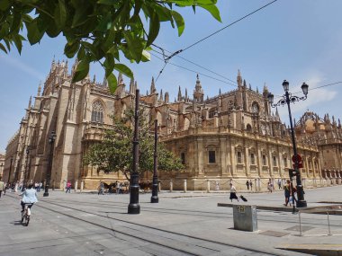 Seville, İspanya - 06 06 06 2014: İspanya 'da güneşli bir günde Sevilla Katedrali şehir merkezinde