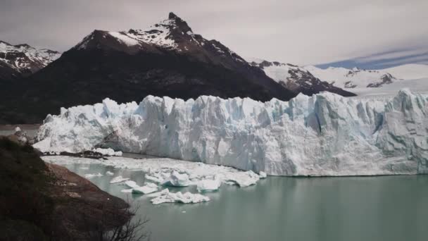 阿根廷巴塔哥尼亚冰川国家公园的Perito Moreno冰川蓝冰 前景一片蓝绿色森林 覆盖着安第斯山脉的种子 — 图库视频影像