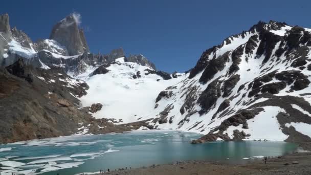 拉古纳 德洛斯特是阿根廷巴塔哥尼亚安第斯山脉菲茨罗伊山脚下的一个小冰川湖 — 图库视频影像