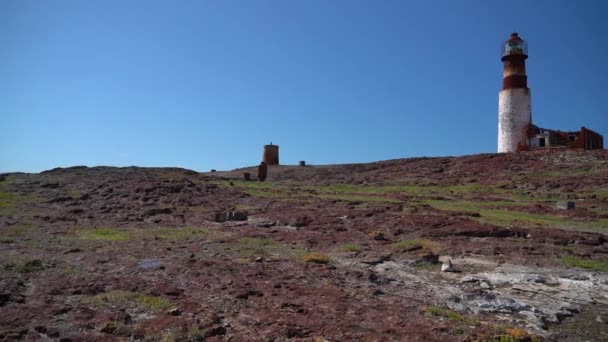 灯塔是用红砖建造的 位于阿根廷巴塔哥尼亚海岸的岩石岛屿上 前面有几只海鸟 — 图库视频影像