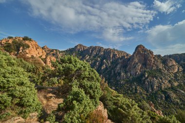 Fransa, Korsika 'nın dağlık kıyı şeridinde Calanche' nin kırmızı kayaları
