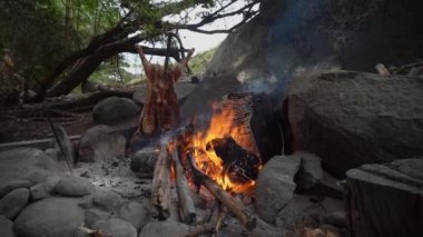 Patagonya, Arjantin, Güney Amerika 'da ateşte kuzu eti barbeküsü. Asado ateşte yemek pişiren bir Gaucho geleneğidir.