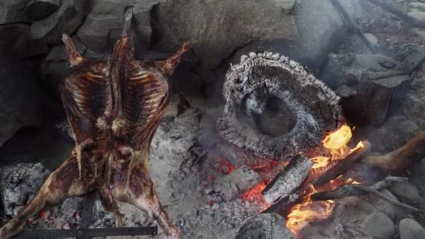 在阿根廷巴塔哥尼亚和南美洲 乡村羊肉烤肉在开火时被烤焦了 阿萨多是一个在明火上烹调的高乔商人 — 图库视频影像