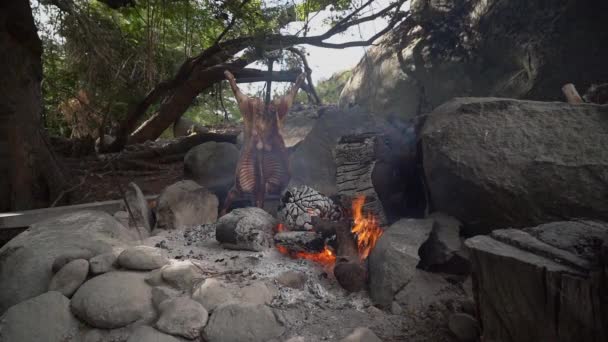 パタゴニア アルゼンチン 南アメリカのオープン火災で素朴な子羊のバーベキューBbq あさどう 直火で調理するガウチョの伝統料理 — ストック動画