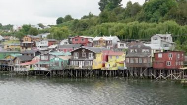 Castro, Chiloe, Chile - 12 23 2018: colorful stilt house of Castro on Chiloe island, Chile