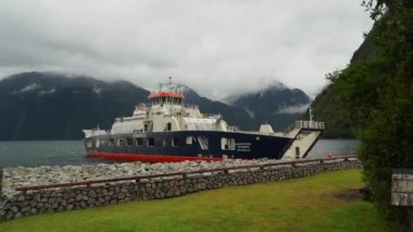 Hornopiren, Chile - 12 27 2018: car ferry crossing the fjords of the carretera austral along the pacific coastline in Patagonia, Chile