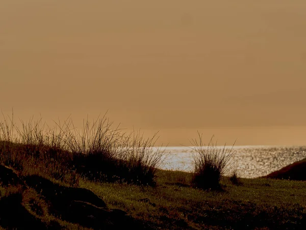 スコットランド高地の海岸線にあるビーチでは劇的な黄金の太陽の光が — ストック写真