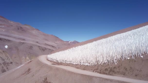 从南美洲安第斯山脉的高空俯瞰智利和阿根廷之间的干枯干旱 风景如画的马那瓜黑人山口 — 图库视频影像