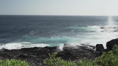 Pasifik Okyanusu 'nun deniz suyu bir hava deliğinden geçiriliyor ve Galapagos adalarındaki lav kayaları plajına tuzlu su püskürtüyor..