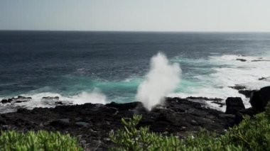 Pasifik Okyanusu 'nun deniz suyu bir hava deliğinden geçiriliyor ve Galapagos adalarındaki lav kayaları plajına tuzlu su püskürtüyor..