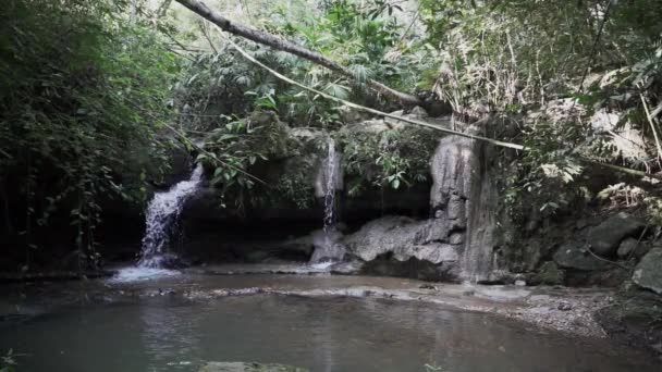 コロンビアのパコロ近くのジャングルの深い熱帯雨林の美しい熱帯雨林のカスカルカララ モチロナ川沿いのターコイズプールにカスケード — ストック動画