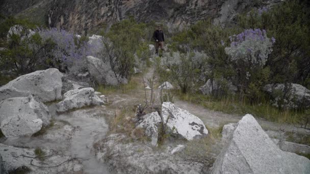 Young Caucasian Man Hiking Mountainous Landscape Cordillera Blanca Andes Mountains — Stock Video