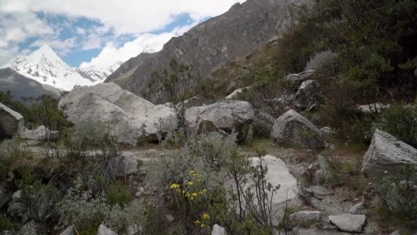Tânăr Caucazian Drumeții Prin Peisajul Montan Cordillerei Blanca Munții Anzi — Videoclip de stoc