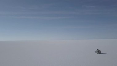 Salar de Uyuni tuzlu gölünün havadan çekilmiş görüntüsü Pescado adası, balık adası, dünyanın en büyük tuz dairesi Bolivya And Dağları 'nın yüksek irtifasında..