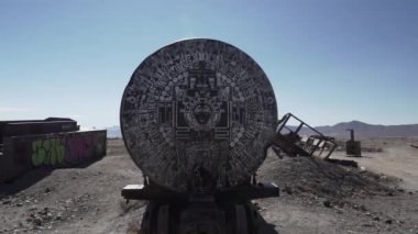 Uyuni, Bolivya - 06: 30 2019: Bolivya And Dağları 'ndaki Altiplano' nun yüksek irtifasında Cementerio de Trenleri 'nin unutulmuş yerinde çürüyen eski paslı trenler.