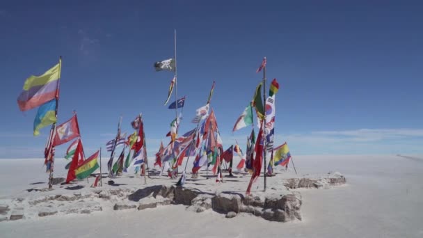 Kolorowe Flagi Międzynarodowe Machające Salar Uyuni Pobliżu Rallye Dakar Wydarzenia — Wideo stockowe