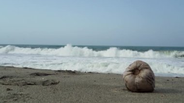 Dalgalar, Kolombiya 'daki Sierra Nevada de Santa Marta' daki Atlantik Okyanusu 'nun tropikal kıyısı boyunca Tayrona Ulusal Parkı yakınlarındaki beyaz kumsala çarpıyor..