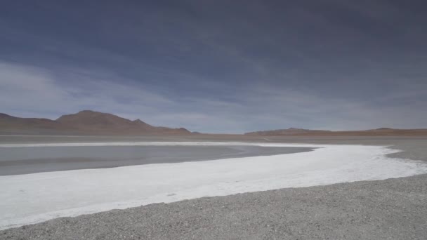 玻利维亚安第斯山脉阿尔蒂普拉诺高原上的一个泻湖上的盐湖 — 图库视频影像
