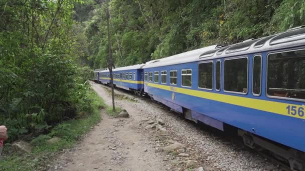 アグアス カリエンテス ペルー 2023 クスコからマチュピチュワ オアス カリエンテス アンデス山脈の高いウルバンバの神聖な谷を通るペルーの鉄道列車がインカ遺跡を閉じる — ストック動画