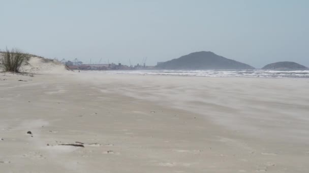 ブラジルの大西洋の海岸沿いの白い砂浜に砂を吹き飛ばす風 — ストック動画