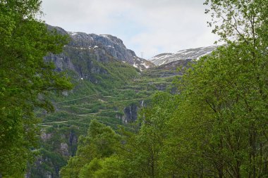 Norveç 'in dağlık dağlık dağlık arazilerinde Lysefjorden' daki Lysebotn 'a kadar pek çok virajlı ve keskin virajlı dramatik dağ yolu.