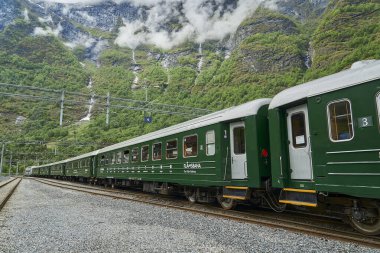 Flam, Norveç - 06 03 2022: Flamsbana ile Aurland 'daki Flam ve Myrdal arasındaki en güzel tren yolculuğunun görüntüsü deniz seviyesinden dağlara uzanan muhteşem bir vadiden geçiyor..