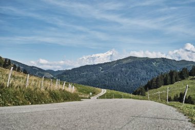 Yazın Fransız Alpleri 'nin arka planında beyaz şarap olan boş bir yol.