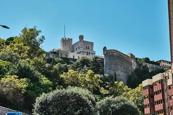 Monte Carlo 'nun arka planında şato, Fransız Rivierası' nın Akdeniz 'inin dik dağlık manzarası..