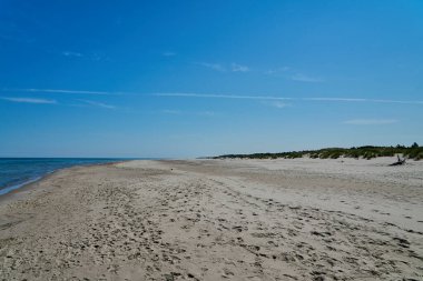 Leba, Pomerania, Polonya 'da Baltık Denizi kıyısındaki Slowinski Ulusal Parkı' nda güzel bir sahilde kum tepesi..