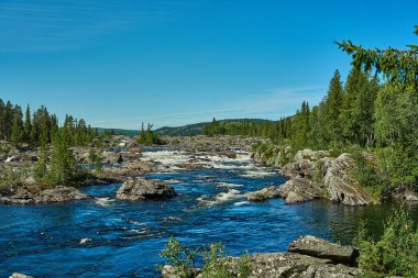 Dimforsen Şelalesi 'nin manzarası Jamtland' ın kuzeyinde Vildmarksvagen boyunca beyaz su akıntıları