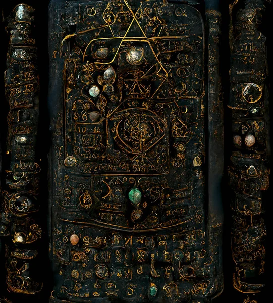 Ancient Book with Glowing Magic Spells, Runes and Precious Stones. Occult, Esoteric, Divination and Wicca Concept. Halloween Vintage Background