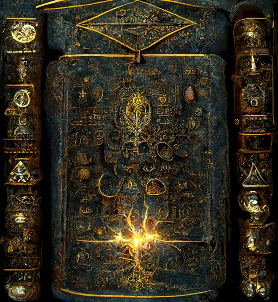 Ancient Book with Glowing Magic Spells and Runes. Occult, Esoteric, Divination and Wicca Concept. Halloween Vintage Background