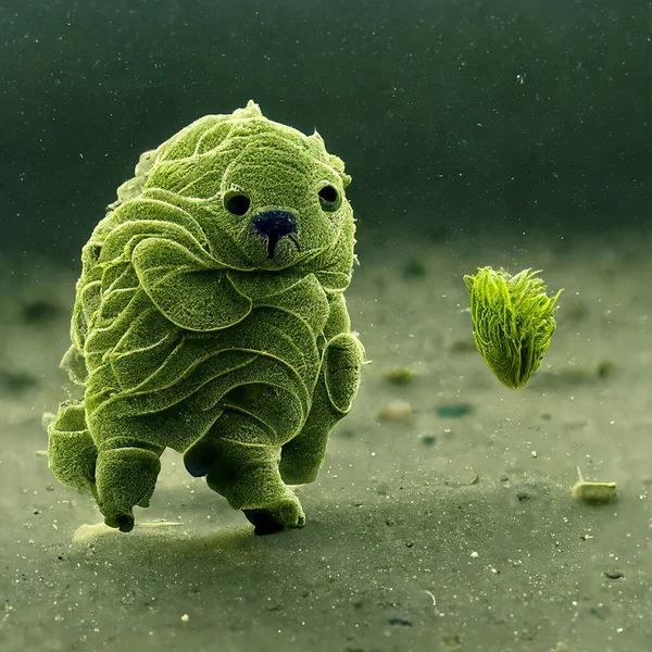 A Cute Microscopic Tardigrade Going for a Stroll Through Some Algae