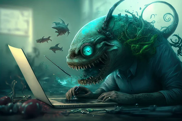 Underwater Fiction Character Monster Surfing the Web on His Laptop