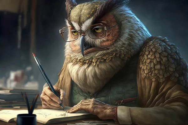 Fiction Character Owl with Glasses Sitting at a Desk Writing on a Piece of Paper