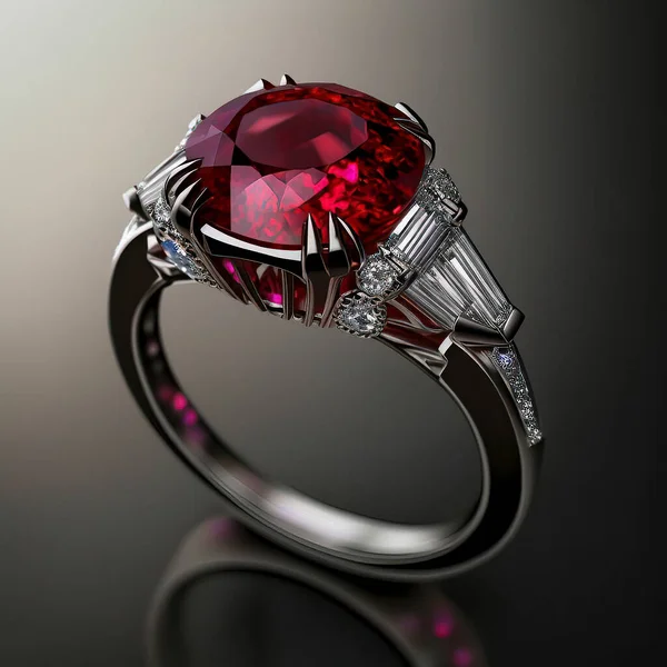 White Gold Ring with Large Ruby Stone and Diamonds